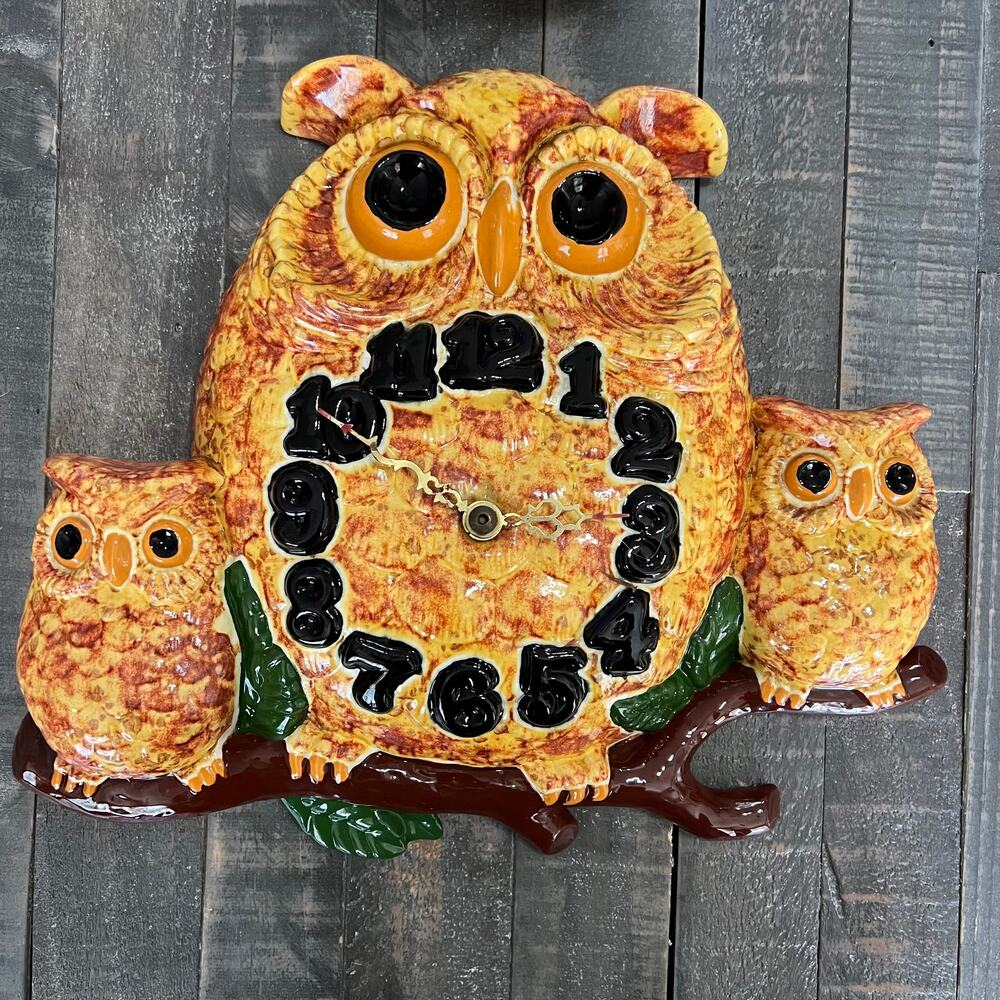 Ceramic Owl Family Wall Clock - Yellow Owl Design